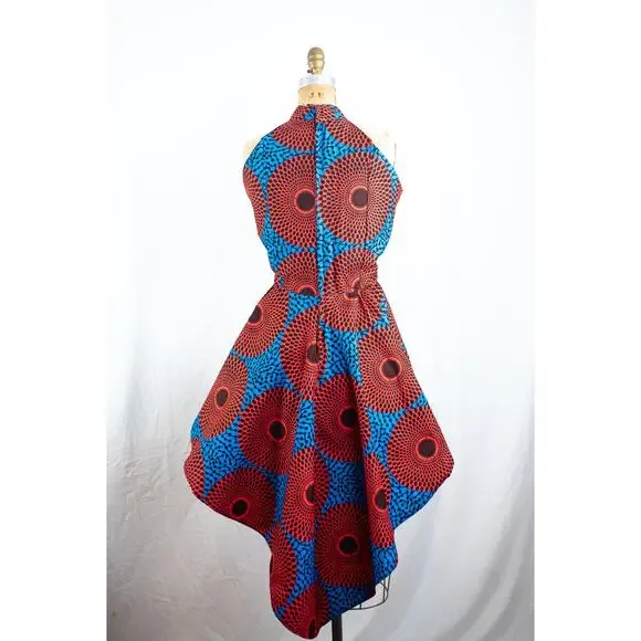Colorful Boutique African Print Dress, High Low Skirt Fit and Flare Ankara, XL - Picture 6 of 9